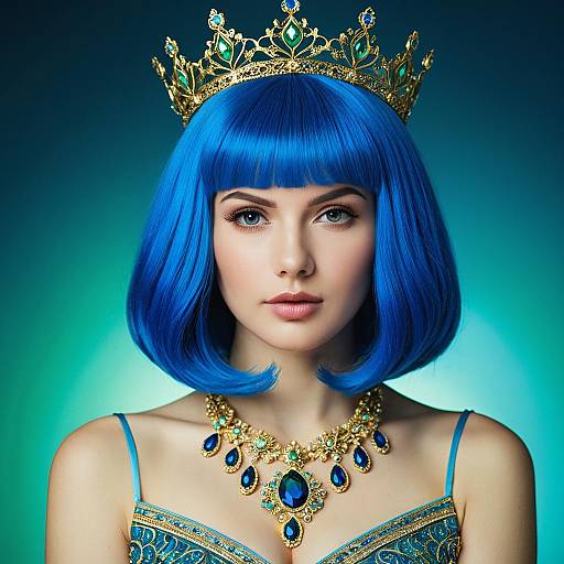 Regal Woman with Blue Bob Wig and Crown