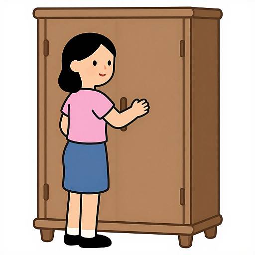 Cartoon-style illustration of a young girl with black hair, pink shirt, blue skirt, and black shoes, opening a wooden cabinet.