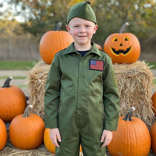 Photograph of a smiling young boy in a green military-style onesie with an American flag patch, standing in front of hay bales and carved pump