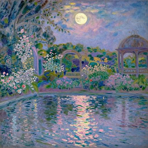 Impressionist-style painting of a moonlit garden with a reflective pond, vibrant flowers, arches, and a dome, capturing colorful reflections and soft