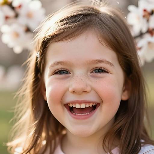 Close-up photograph of a smiling young girl with blue eyes, brown hair, and freckles, standing outdoors with blurred white flowers in the background.