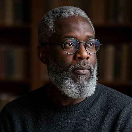 Photograph of an African-American man with gray curly hair and beard, wearing round glasses and a black sweater, against a blurred bookshelf background.