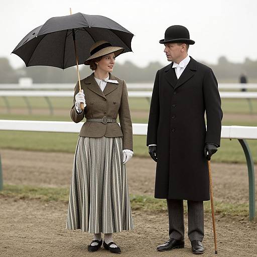 Photograph of a 1920s-style couple: woman in brown jacket, striped skirt, black hat, white gloves, holding umbrella; man in