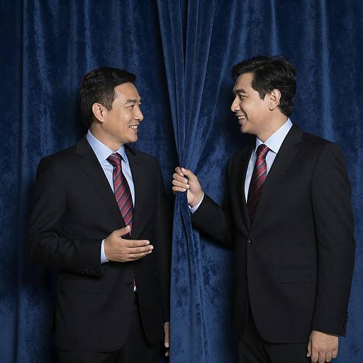 Two Men in Black Suits Behind Blue Curtains