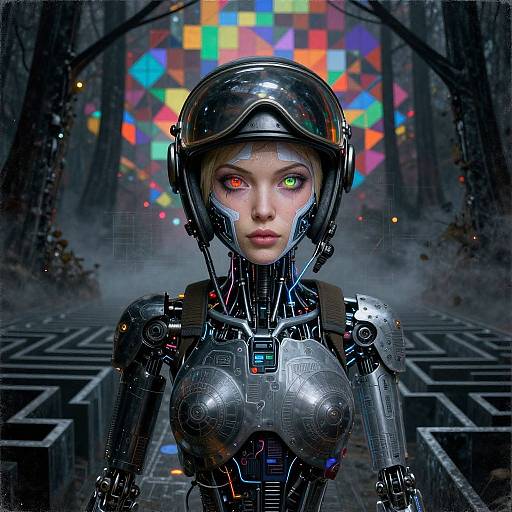 Cyberpunk female android with glowing heterochromatic eyes, metallic armor, and helmet in a futuristic, neon-lit forest path. Photorealistic