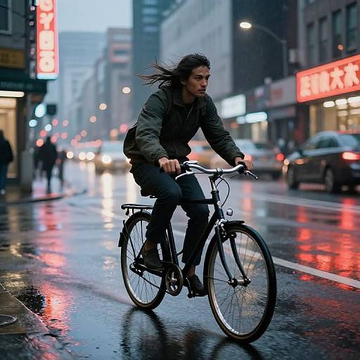 Photograph of a determined woman with long brown hair riding a black bicycle on a rainy urban street, illuminated by colorful neon signs and reflected wet pavement.