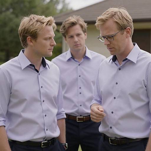 Three Men in Lavender Shirts Outdoors
