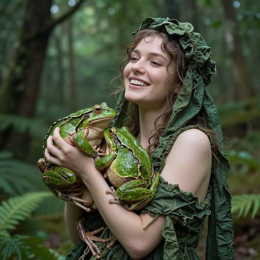 Photograph of a smiling young woman with curly brown hair, wearing a green leafy headdress and dress, holding two large green frogs in a lush