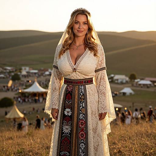 Photograph of a smiling woman with long, wavy blonde hair, wearing an intricately embroidered white lace dress and veil, standing in a sunlit