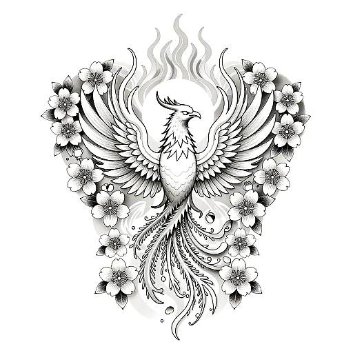 Symmetrical Phoenix Tattoo with Cherry Blossoms