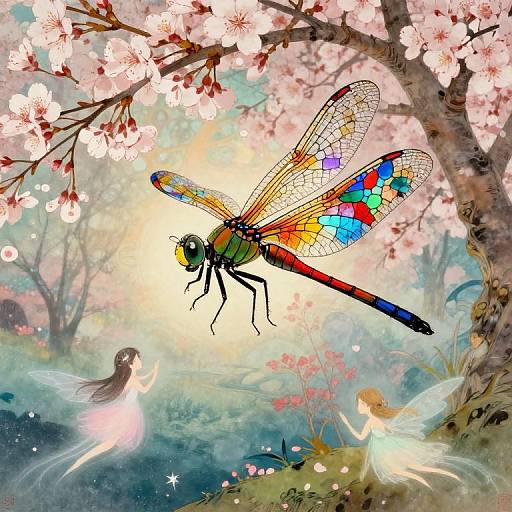 Digital fantasy artwork of a colorful, mosaic-winged dragonfly hovering above two ethereal fairy-like figures under blooming cherry blossoms. Bright, whims