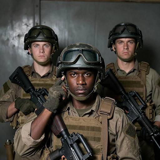 Three Soldiers in Dim Tactical Room