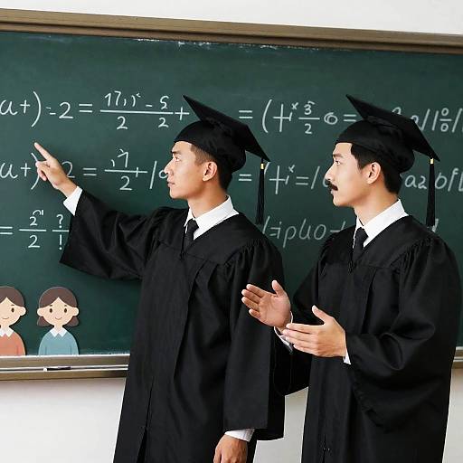 Two Male Graduates Discussing Math on Chalkboard