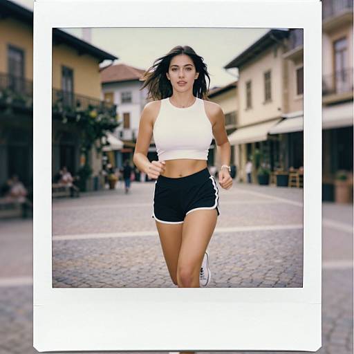 Photograph of a fit, young woman with long brown hair, wearing a white sports bra and black athletic shorts, running down a cobblestone street