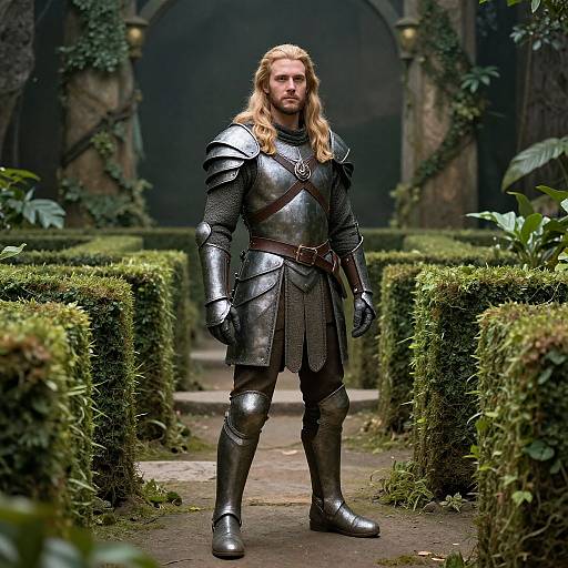 Photograph of a blond, bearded man in medieval armor standing in a lush, ivy-covered courtyard with stone arches in the background.