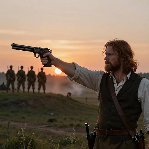 Man with Pistol on Battlefield at Sunset