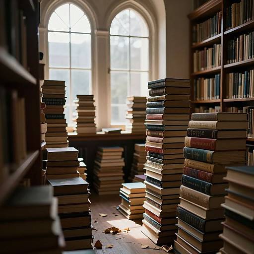 Sunlit Library with Books and Leaves