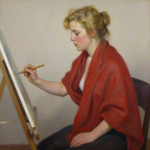 Photorealistic painting of a blonde woman with wavy hair, wearing a red shawl, painting on an easel with focused expression.