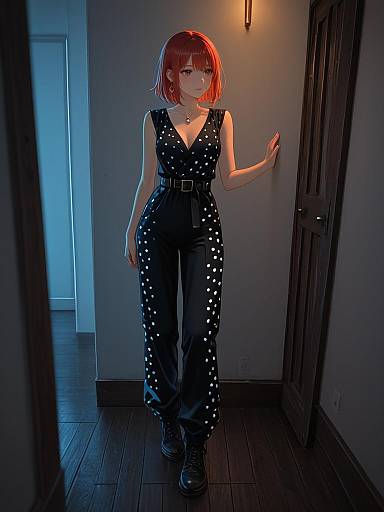 Anime Woman in Polka Dot Jumpsuit