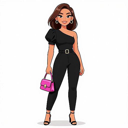 Digital cartoon of a confident woman with brown hair, wearing a black one-shoulder jumpsuit, pink handbag, and black heels, smiling against