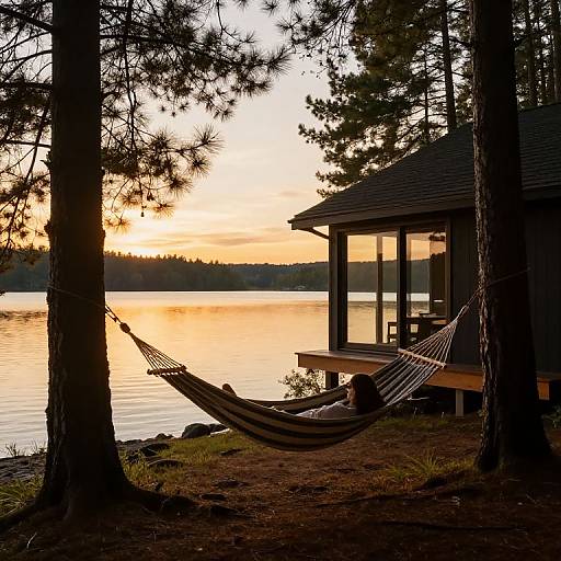 Photograph of a person in a black hammock, silhouetted against a sunset over a calm lake, with a wooden house and trees.