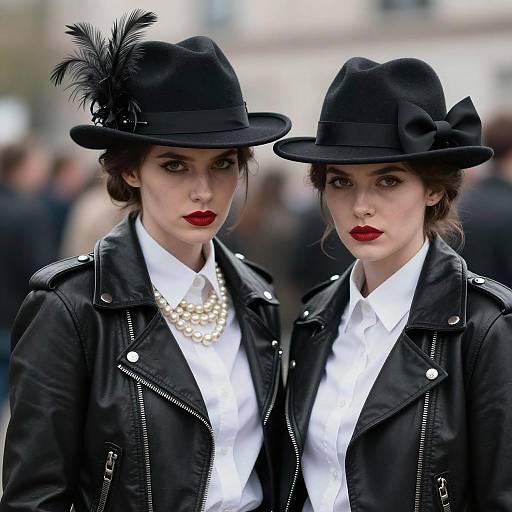 Two Women in Black Leather Jackets and Hats