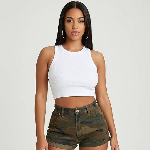Photograph of a young Black woman with long straight black hair, wearing a white ribbed crop top and camo high-waisted shorts, standing