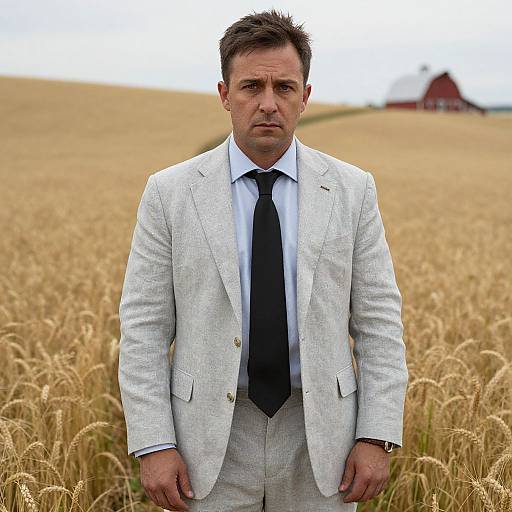 Photograph of a middle-aged man in a light grey suit, black tie, standing in a golden wheat field with a red barn in the background.