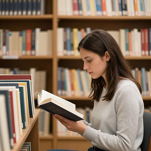 Photograph of a young woman with long dark hair, wearing a white sweater, reading a book in a library with wooden bookshelves filled with colorful