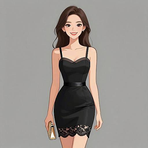 Digital anime-style drawing of a smiling woman with long brown hair, wearing a black lace-trimmed dress, holding a gold bottle, against a gray