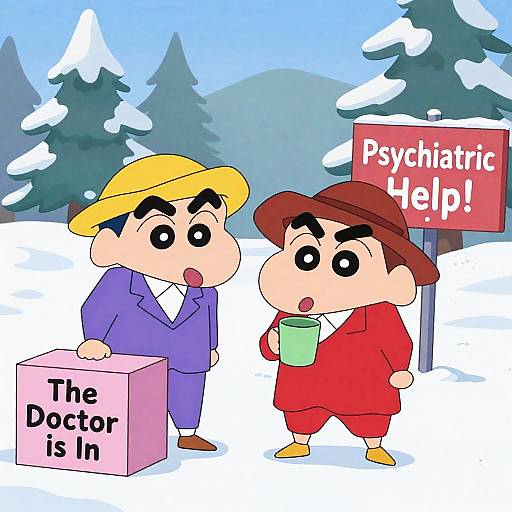 Cartoon Characters Offering Psychiatric Help in Snowy Scene