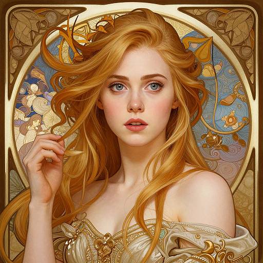 Digital art of a fair-skinned, blue-eyed, red-haired woman with flowing hair, wearing an off-shoulder, gold-embellished