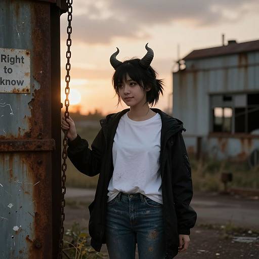 Photograph of a young woman with black horn headband, white tee, black jacket, and jeans, standing by a rusty gate at sunset, in