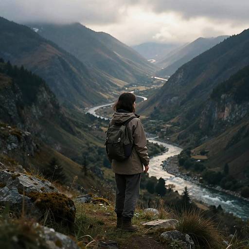 Photograph of a hiker with a backpack standing on a rocky hilltop, facing a misty, winding river valley between forested mountains.