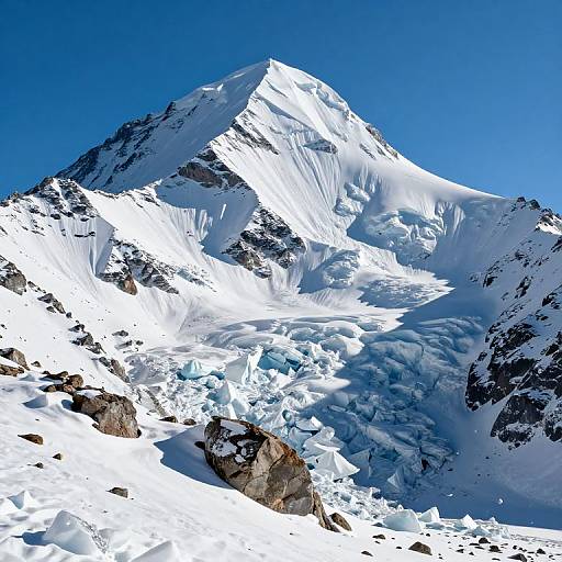 Photograph of a majestic snow-covered mountain peak with a bright blue sky, sharp rocky edges, and a glacier in the foreground.