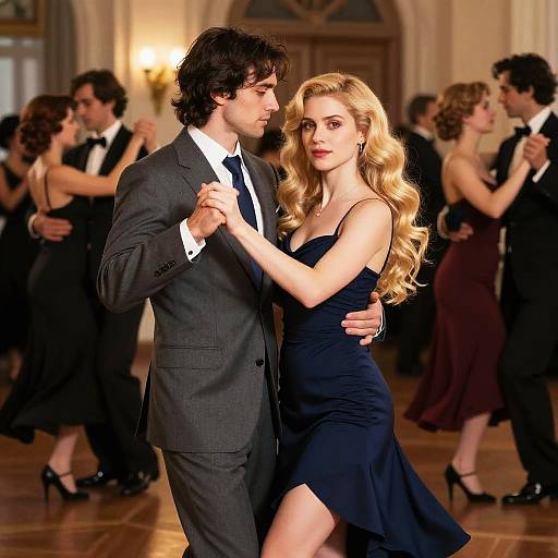 Photograph of a handsome man in a gray suit dancing with a beautiful blonde woman in a black dress at an elegant ballroom.