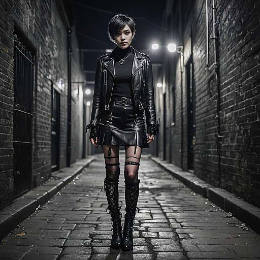Edgy Petite Woman in Goth Outfit at Night