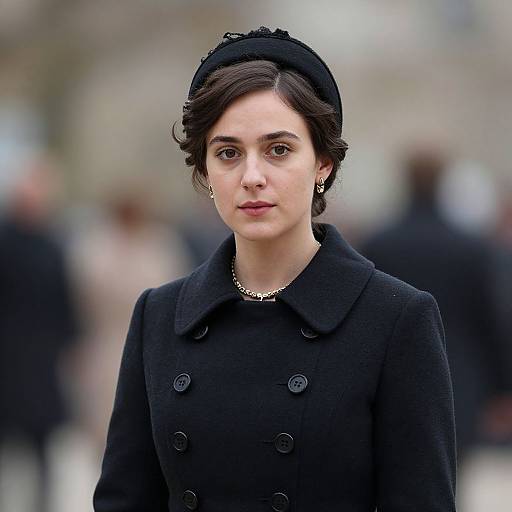 Photograph of a young woman with fair skin and dark brown hair, wearing a black double-breasted coat, black headband, and pearl necklace,
