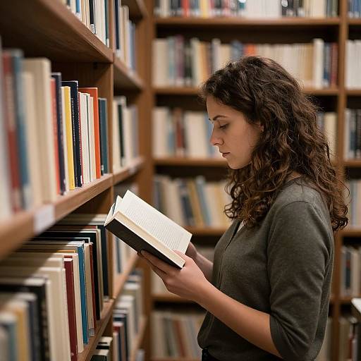 Photograph of a young woman with curly brown hair, wearing a dark green sweater, reading a book in a library with wooden shelves filled with colorful books