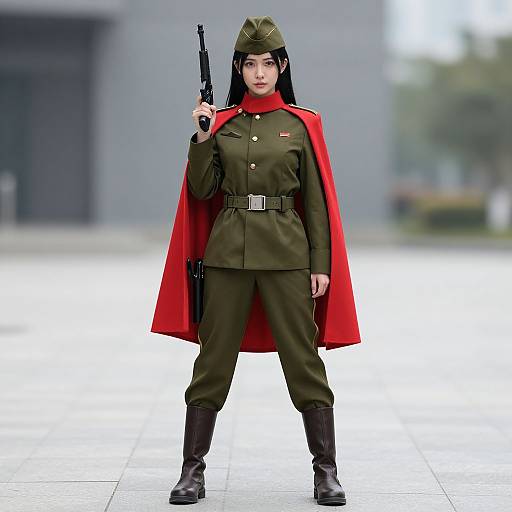 Photorealistic digital image of an Asian woman in olive military uniform, red cape, helmet, holding rifle, standing confidently outdoors.