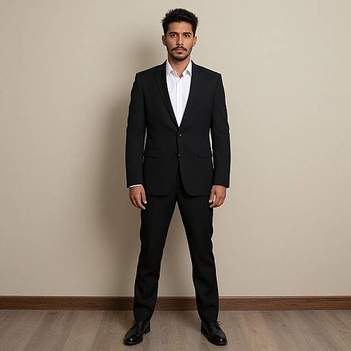 Photograph of a serious-looking man with short, curly black hair and a beard, wearing a black suit, white shirt, and black shoes, standing