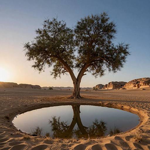 Serene Desert Tree at Sunrise Reflection