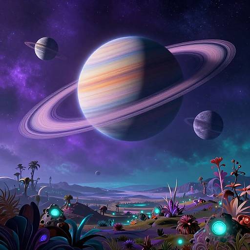 Alien Exoplanet with Rings and Moons