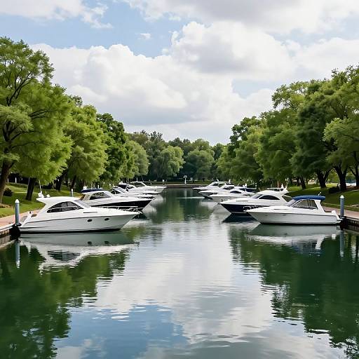 Serene Bay with Docked Motorboats