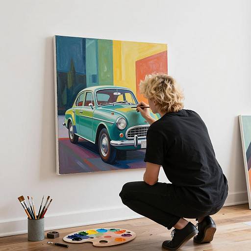 Crouching Artist with Abstract Retro Cars