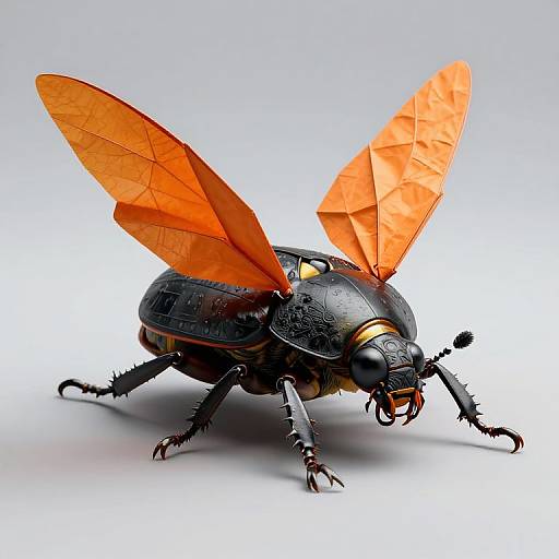 Photorealistic, highly detailed, miniature model of a bug with black body, orange translucent wings, and textured legs, standing on a white background.