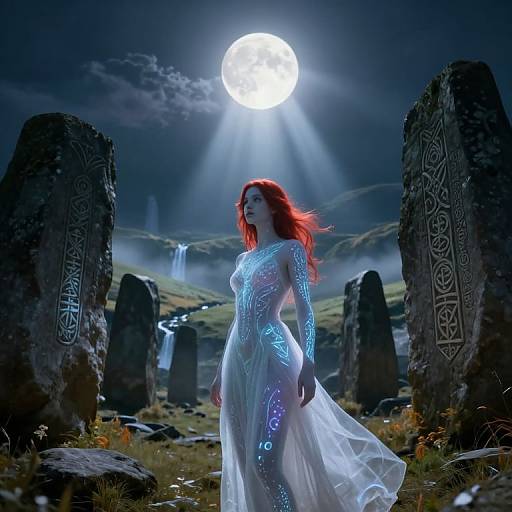 Digital artwork of a red-haired woman in a glowing, transparent dress standing in a moonlit, ancient Celtic stone landscape with illuminated runes.