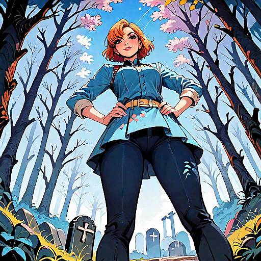 Confident Girl in Misty Forest Graveyard