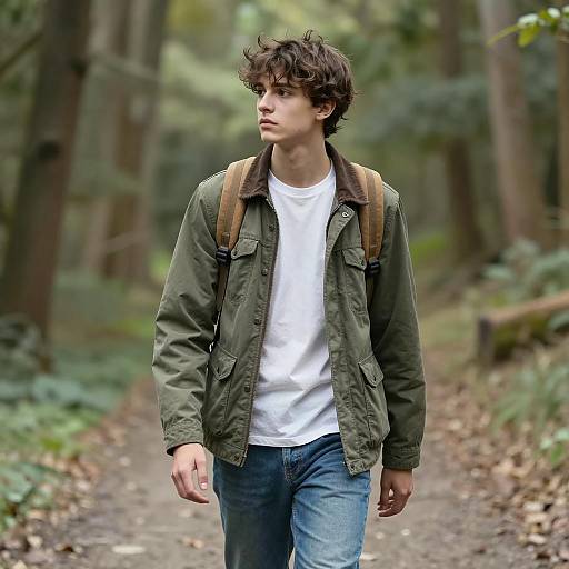 Young man walking on forest path
