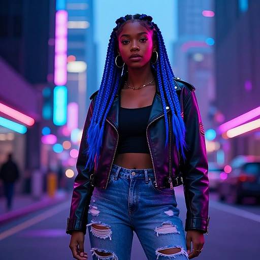 Photograph of a confident Black woman with blue braids, wearing a black crop top, leather jacket, and distressed jeans, standing in a neon-l
